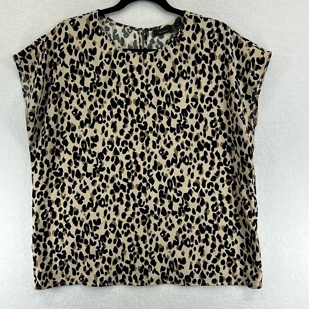 Halogen Women’s Blouse Size Large 100% Polyester Leopard Print Black/Taupe/Tan